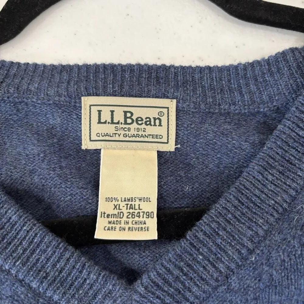 LL Bean Men 100% Lambswool V-Neck Sweater XL Tall Navy Blue Outdoors Old Money